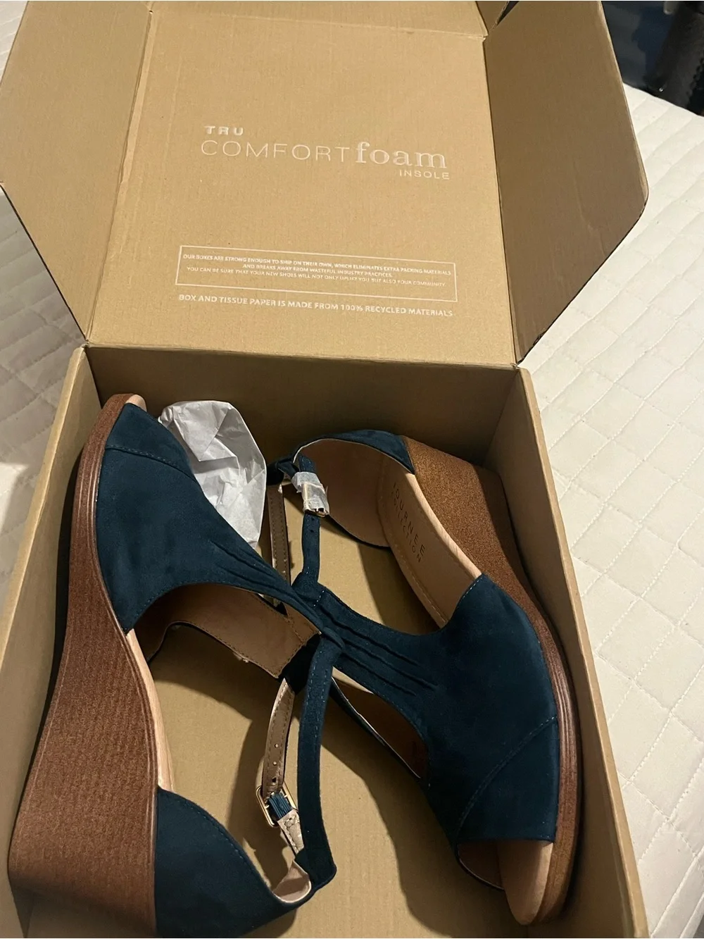 Journee Collection Teal Blue T-Strap Peep Toe Wedge Sandals
